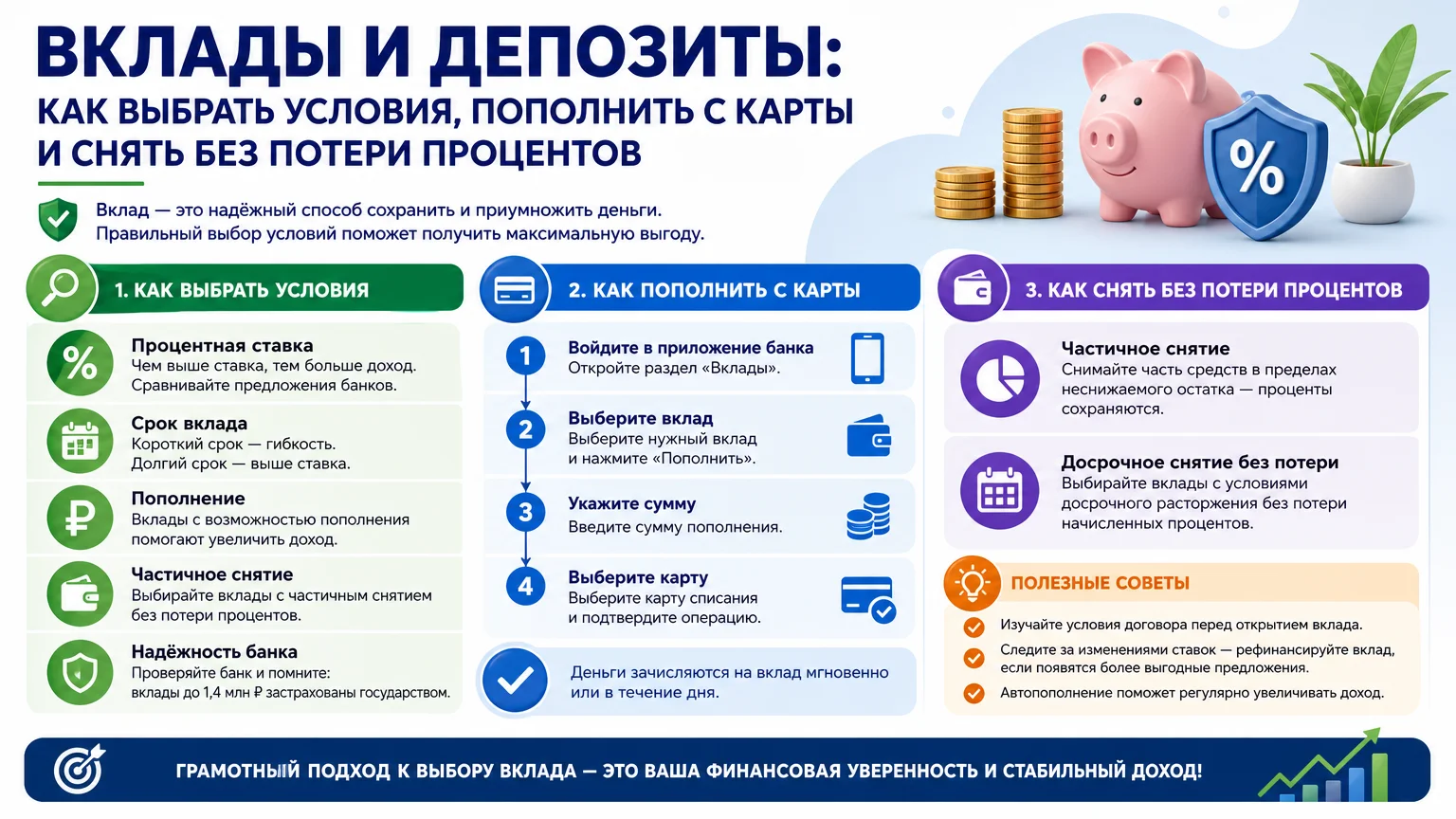 Вклады и депозиты: как выбрать условия, пополнить с карты и снять без потери процентов