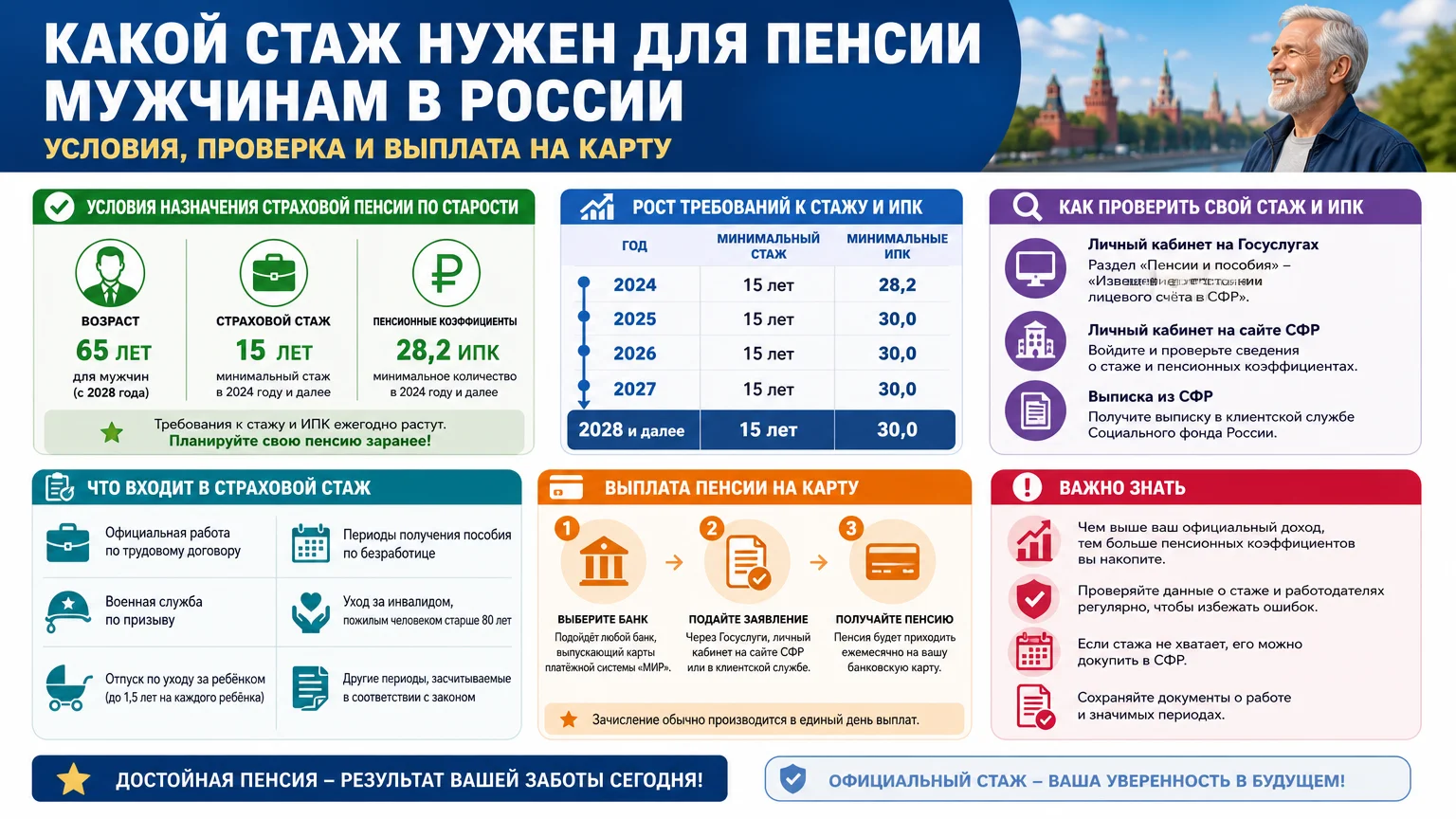 Какой стаж нужен для пенсии мужчинам в России: условия, проверка и выплата на карту