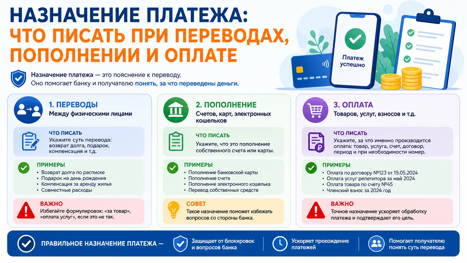 Назначение платежа: что писать при переводах, пополнении и оплате