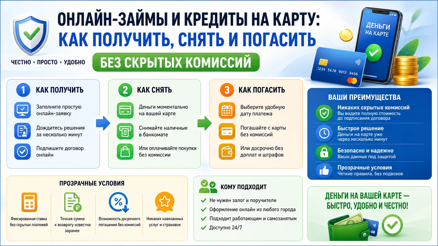 Онлайн-займы и кредиты на карту: как получить, снять и погасить без скрытых комиссий