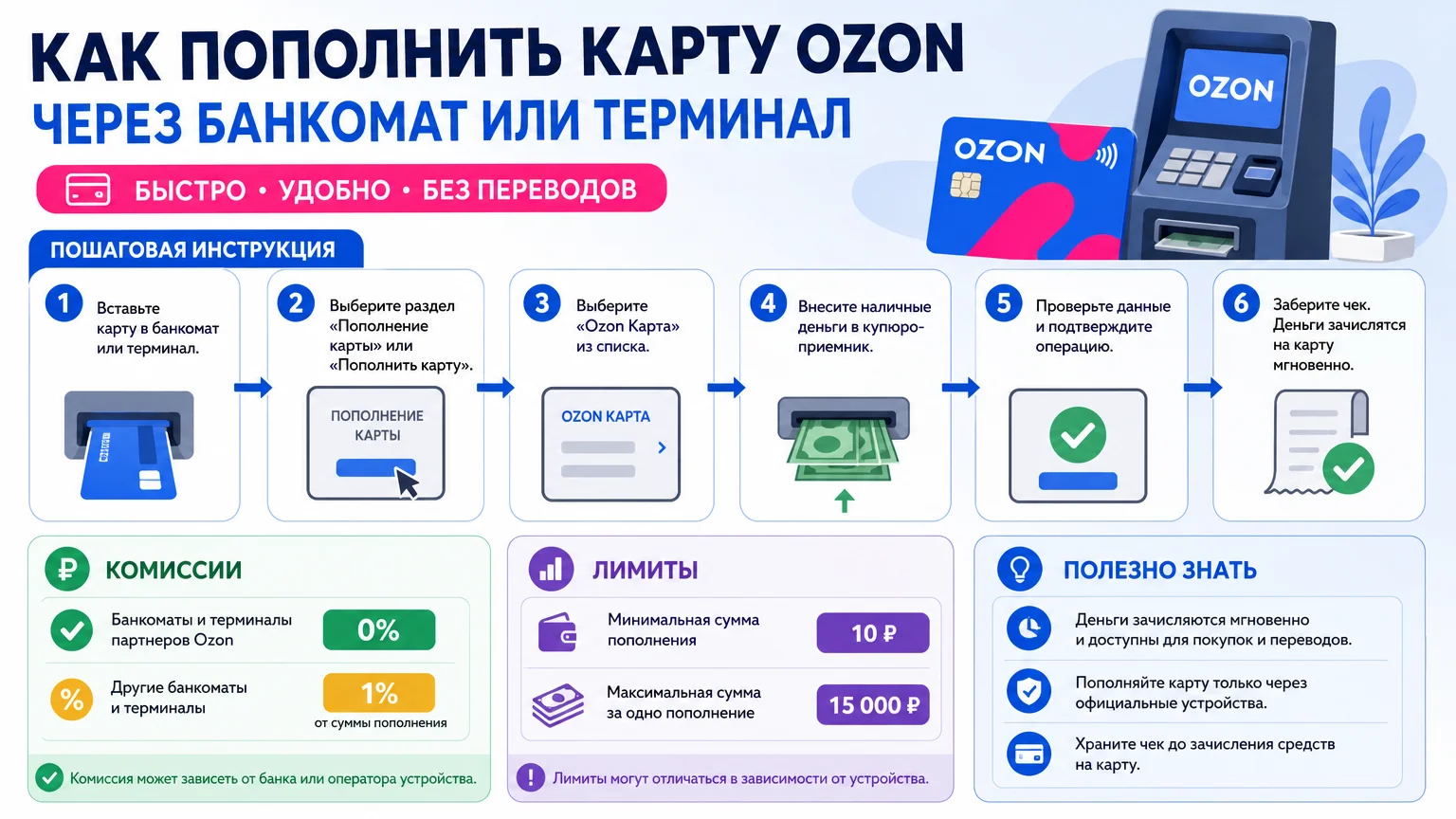 Как пополнить карту Ozon через банкомат или терминал: инструкция, комиссии, лимиты