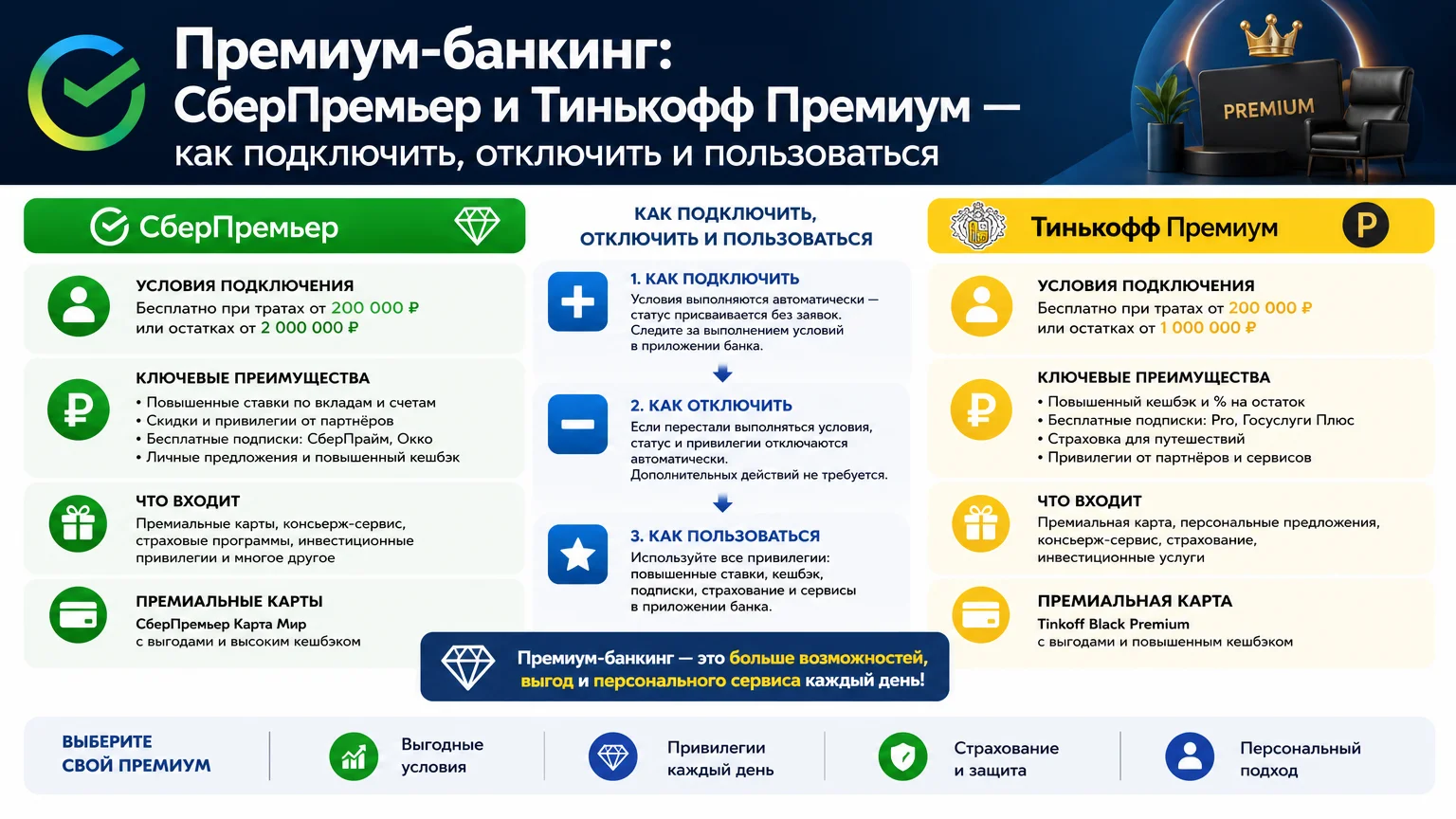 Премиум-банкинг: СберПремьер и Тинькофф Премиум — как подключить, отключить и пользоваться бизнес-залами