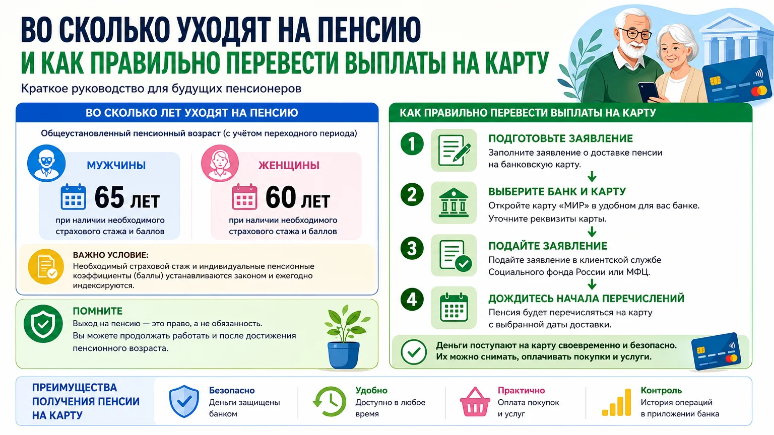 Во сколько уходят на пенсию и как правильно перевести выплаты на карту