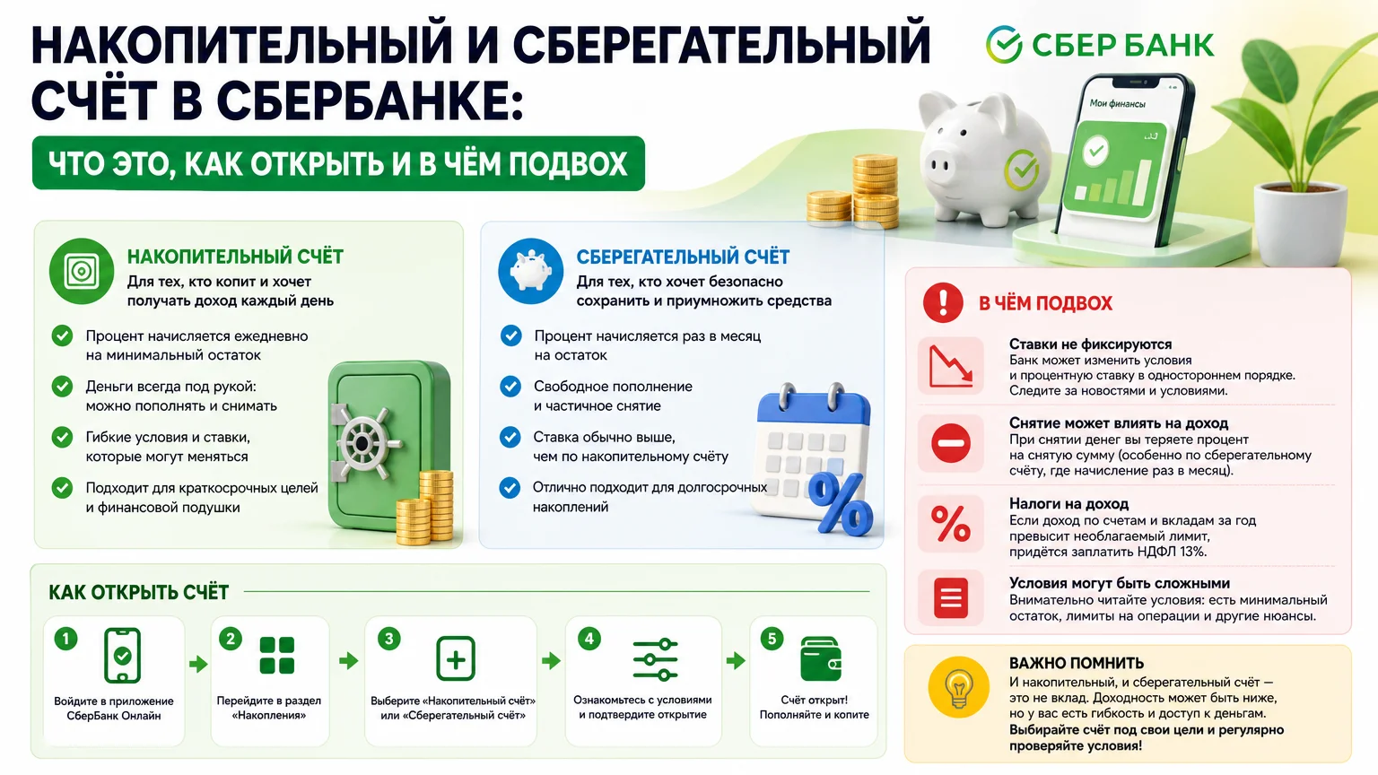 Накопительный и сберегательный счёт в Сбербанке: что это, как открыть и в чём подвох