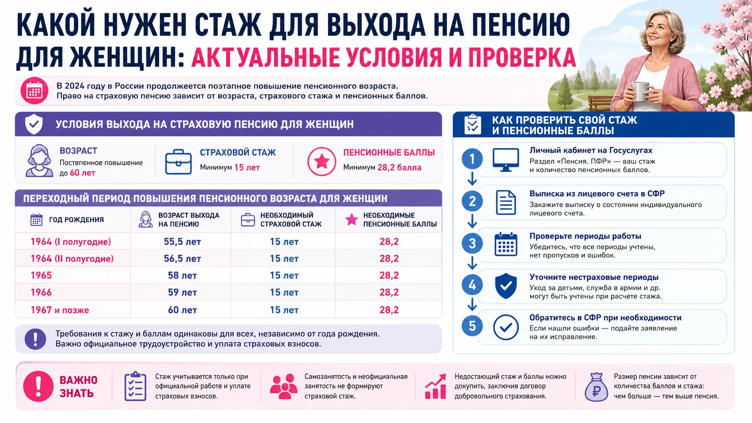 Какой нужен стаж для выхода на пенсию для женщин: актуальные условия и проверка