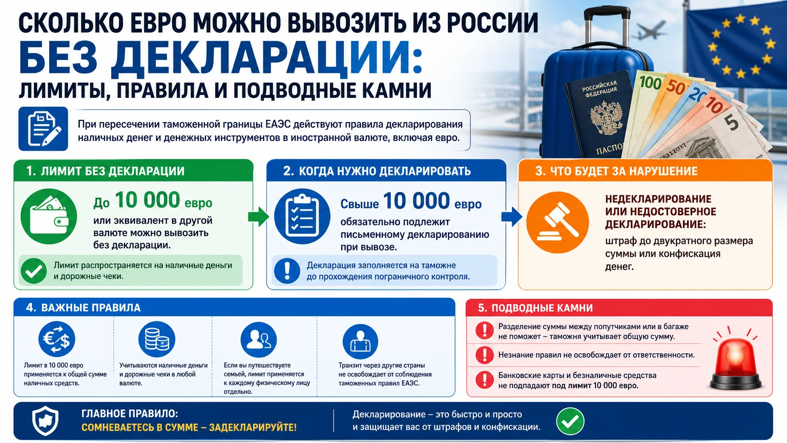 Сколько евро можно вывозить из России без декларации: лимиты, правила и подводные камни