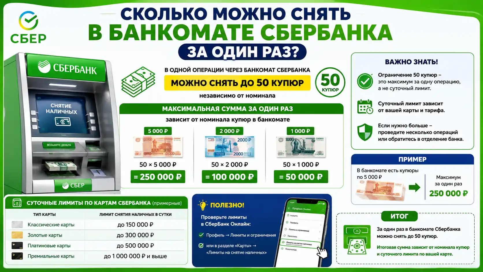 Сколько можно снять в банкомате Сбербанка за один раз