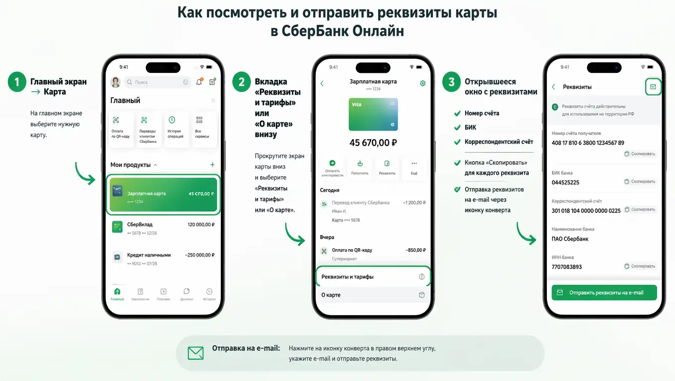 Где в приложении СберБанка посмотреть реквизиты: номер счёта, БИК, корсчёт
